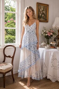 Francesca's Blue Floral Lace Tiered Midi Dress Cottagecore XL Adjustable